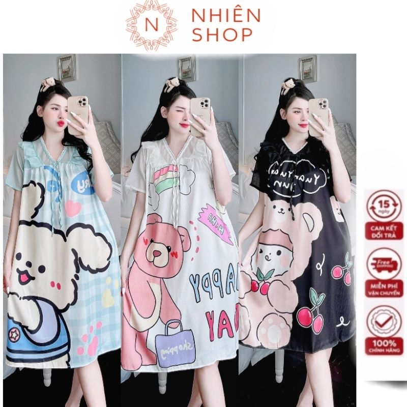 Đầm ngủ lụa xước chất đẹp mướt mát in 5D dễ thương