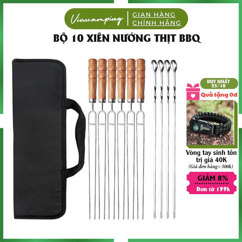 Bộ 10 Xiên Nướng Thịt BBQ Inox Không Rỉ Cán Gỗ Cao Cấp Kèm Túi Đựng Dùng Cho Gia Đình Cắm Trại, Du Lịch Vivucamping