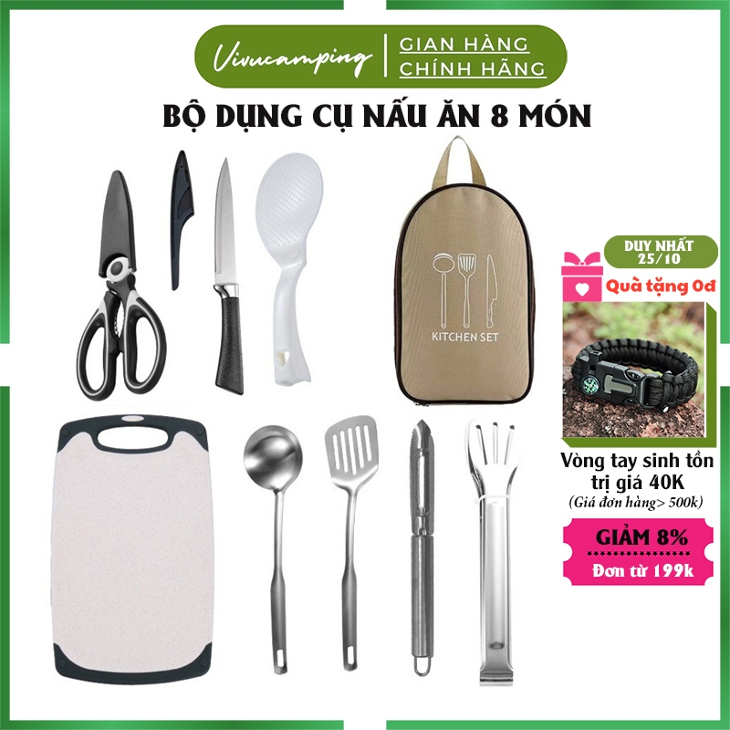 Bộ dụng cụ nấu ăn 8 món có túi đựng cho du lịch và dã ngoại, Cắm trại, camping