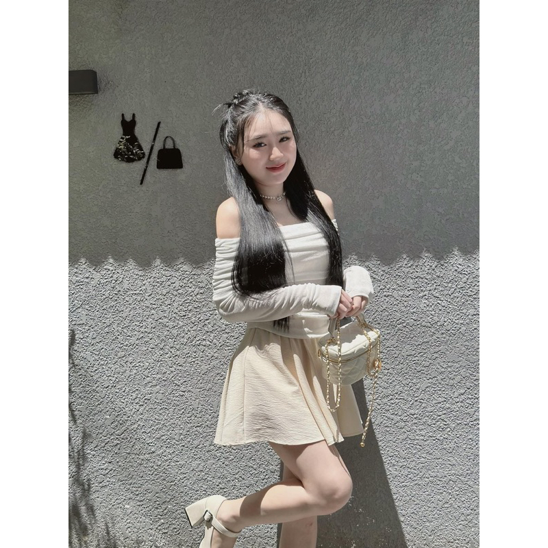 Set áo len bẹt vai tay dài mix chân váy dáng xoè