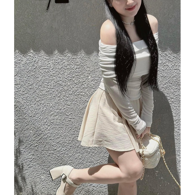 Set áo len bẹt vai tay dài mix chân váy dáng xoè
