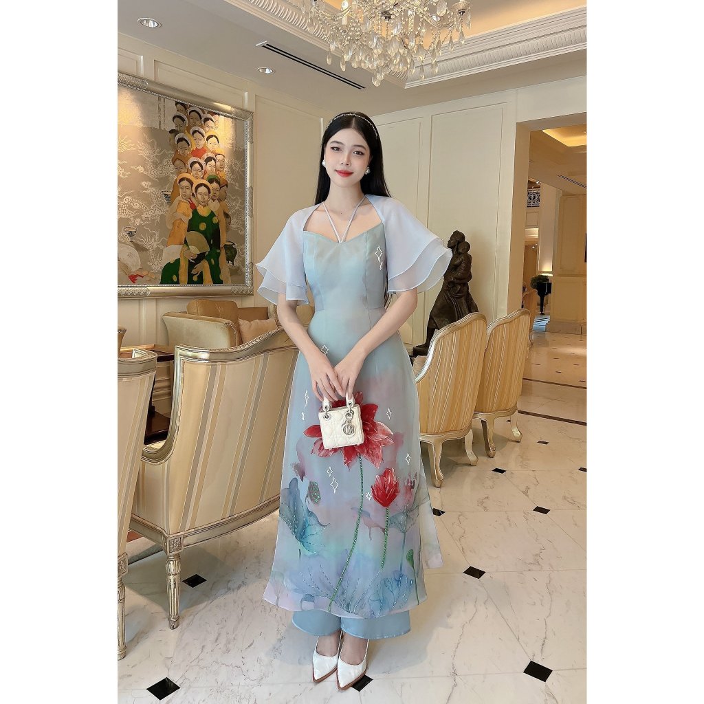Áo dài nữ chất liệu organza cao cấp đính kết hoa nổi - Áo Dài Linlee - AD5