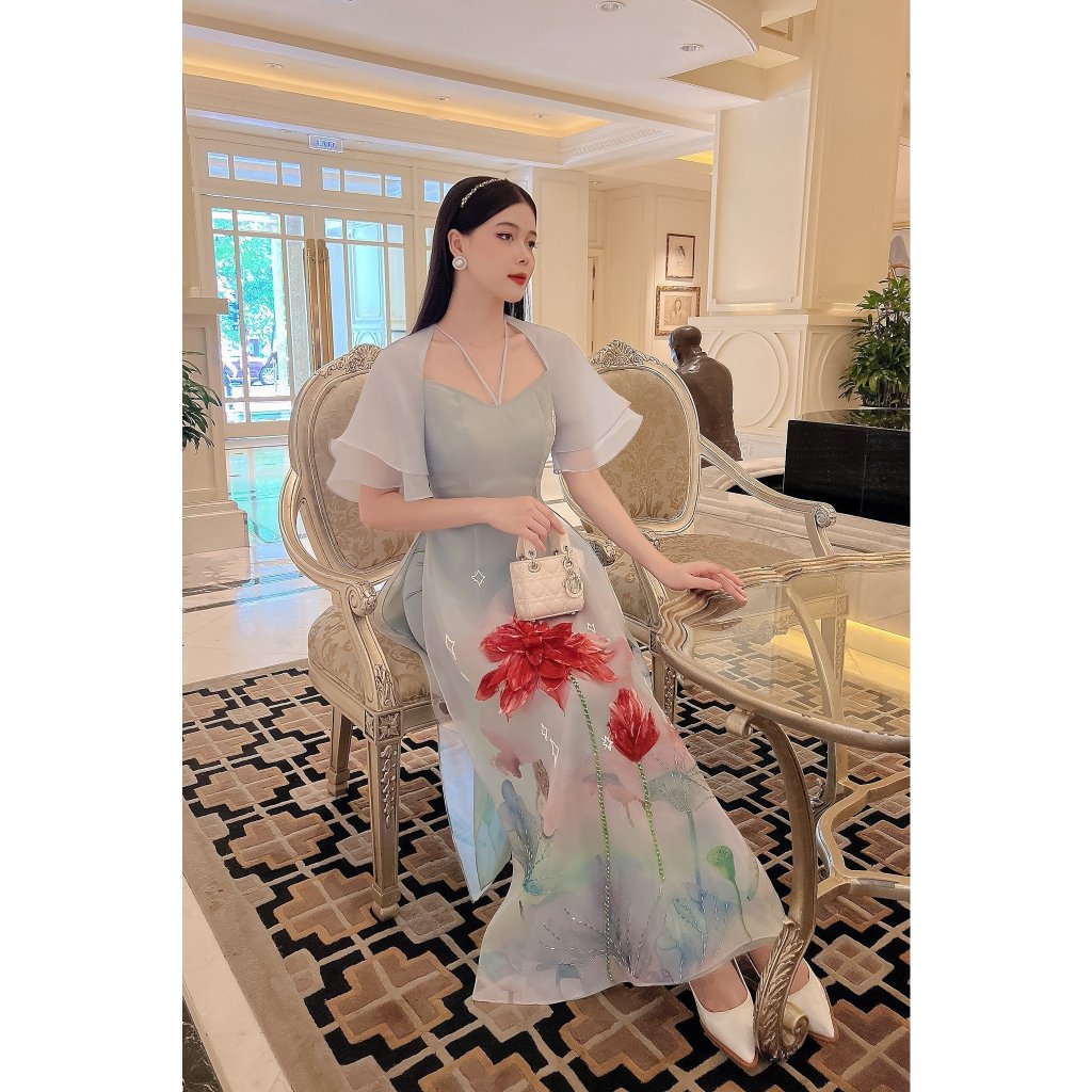 Áo dài nữ chất liệu organza cao cấp đính kết hoa nổi - Áo Dài Linlee - AD5