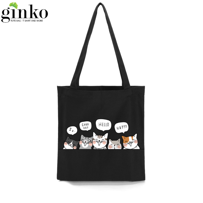 Túi Tote GINKO Vải Canvas có dây kéo khóa (có túi con bên trong) in hình họa tiết Mèo cute HT40