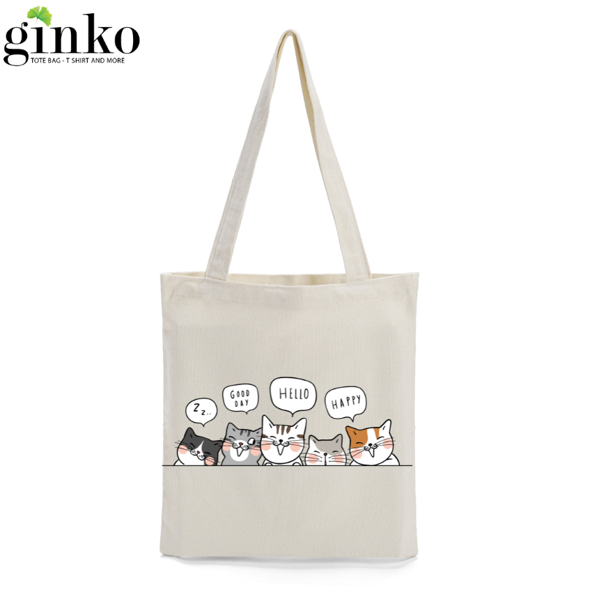 Túi Tote GINKO Vải Canvas có dây kéo khóa (có túi con bên trong) in hình họa tiết Mèo cute HT40