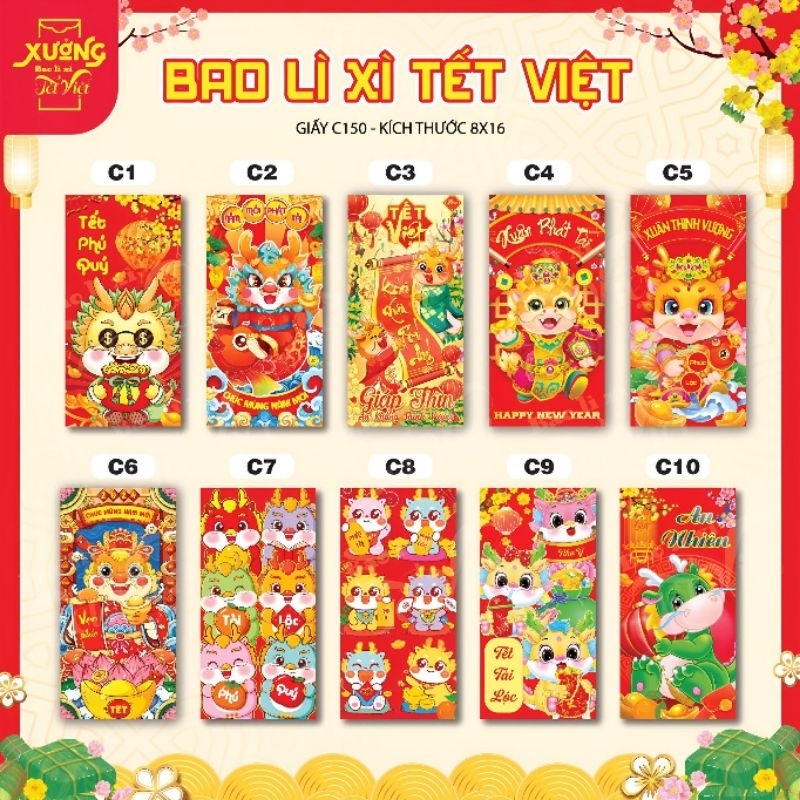 Combo 10 bao lì xì tết 2024,bao lì xì đẹp,chất liệu giấy C150 dày dặn,cứng cáp màu sắc rõ nét