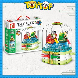 Đồ chơi lắp ráp chèo thuyền lễ hội đua thuyền rồng dạng hộp xoay có đèn như ảnh Sembo 601135