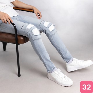 Quần jeans nam boy phố màu xanh nhạt rách vá da chất bò cao cấp co dãn 4 chiều form skinny, rin lưng thun 10AD29 mới