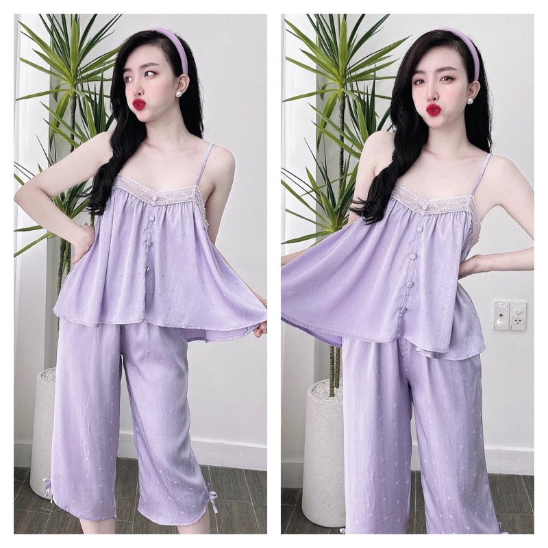 Boộ mặc nhà Trúc My áo 2 dây và quần lửng vải lụa gấm xước cao cấp