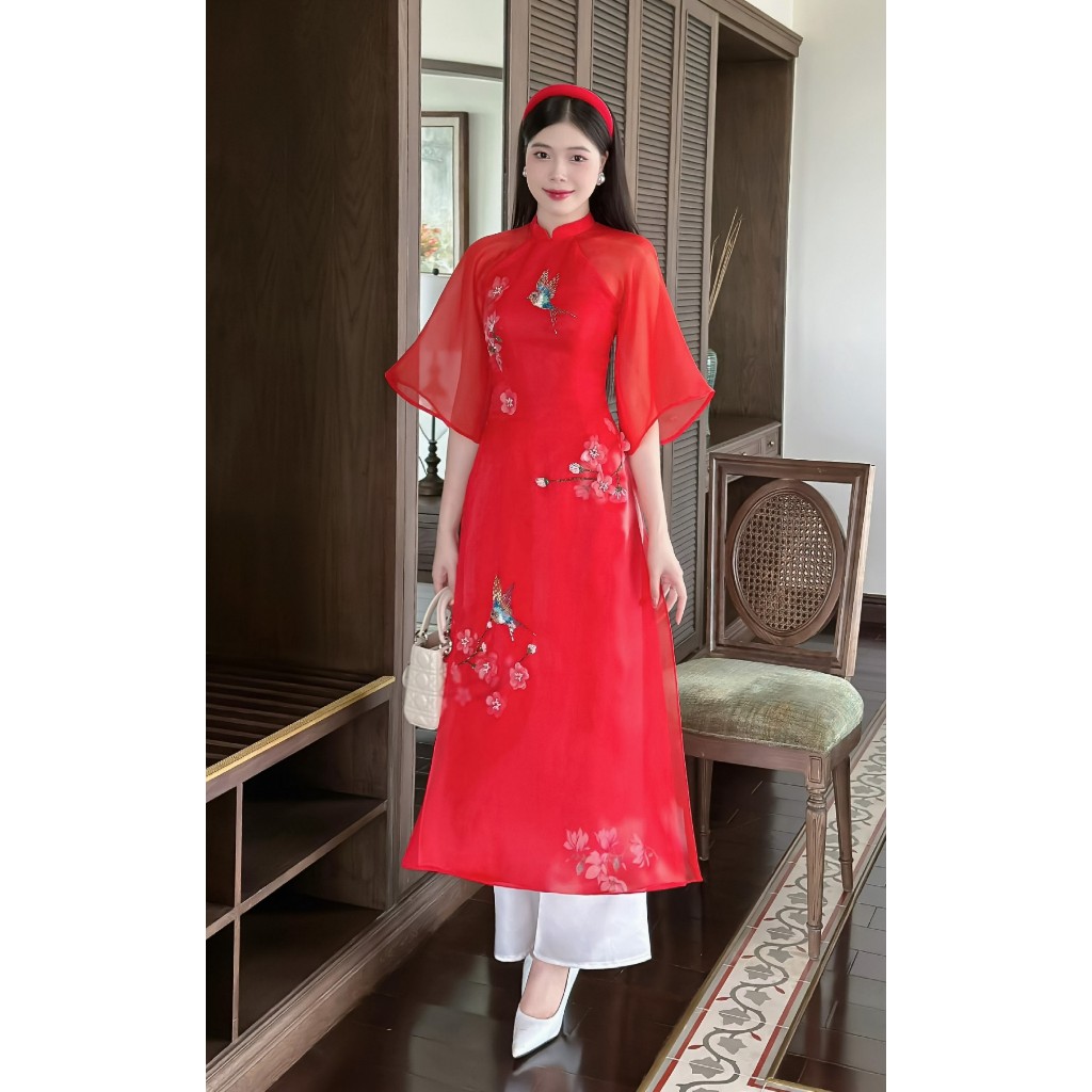 Áo dài cách tân nữ chất liệu tơ organza 4 tà lót lụa cát in hoa 3D công nghệ cao đính kết - Áo dài An Nhiên - CT04