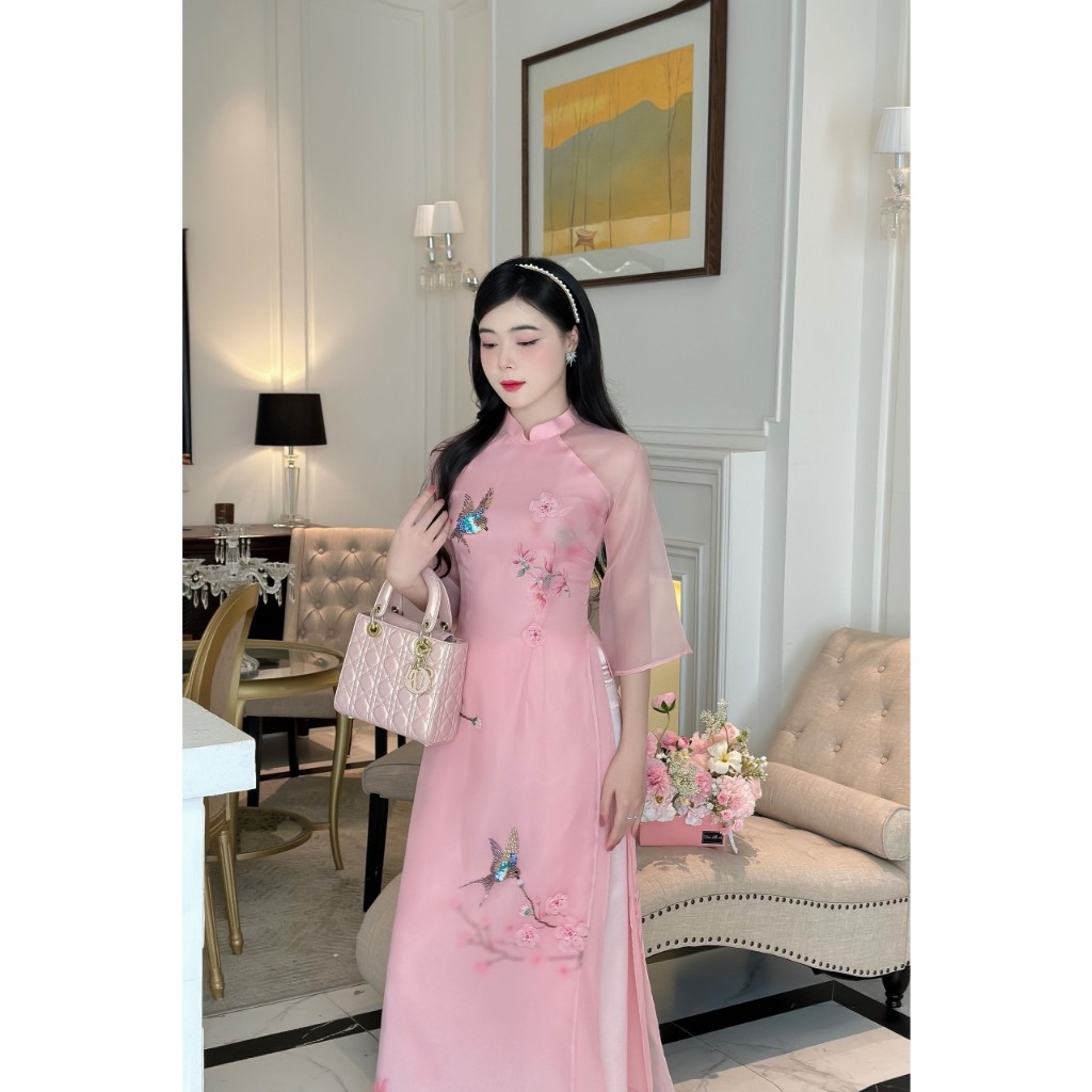 Áo dài cách tân nữ chất liệu tơ organza 4 tà lót lụa cát in hoa 3D công nghệ cao đính kết - Áo dài An Nhiên - CT04