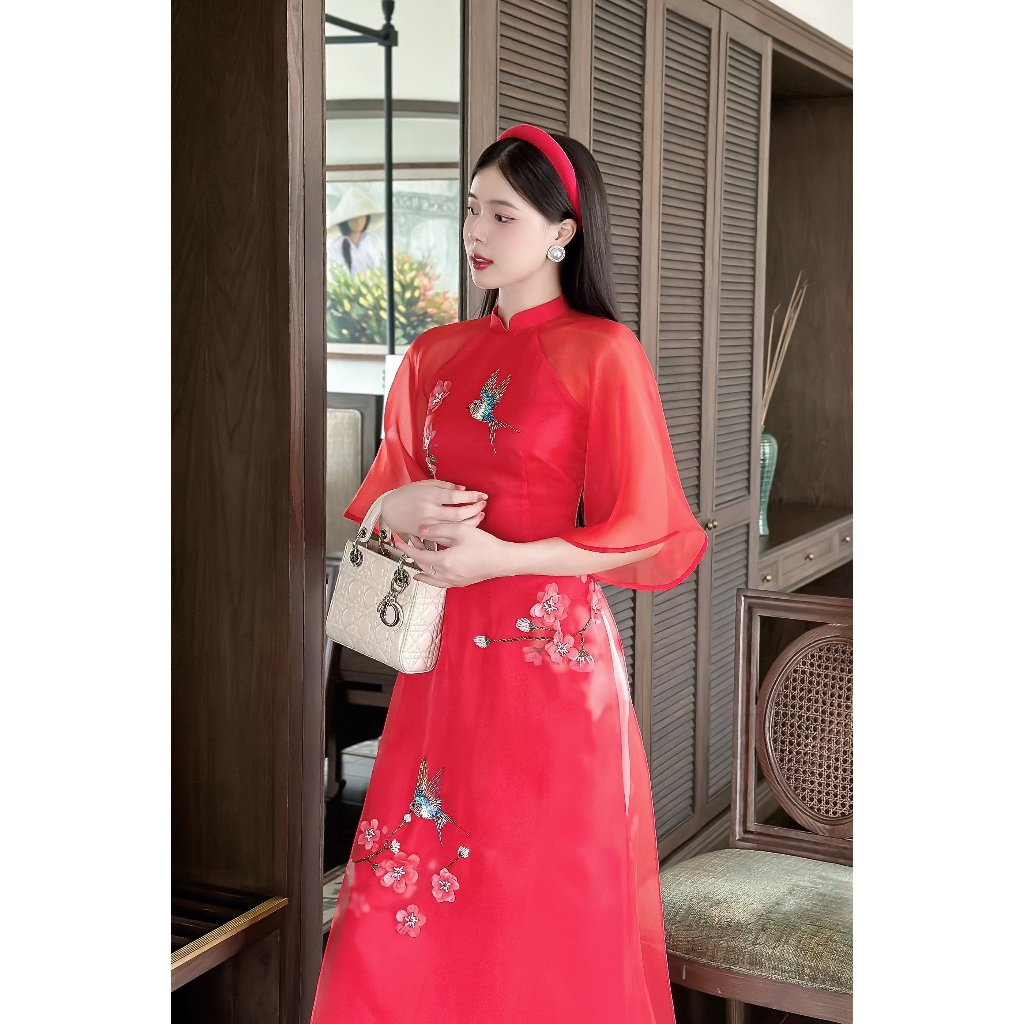 Áo dài cách tân nữ chất liệu tơ organza 4 tà lót lụa cát in hoa 3D công nghệ cao đính kết - Áo dài An Nhiên - CT04