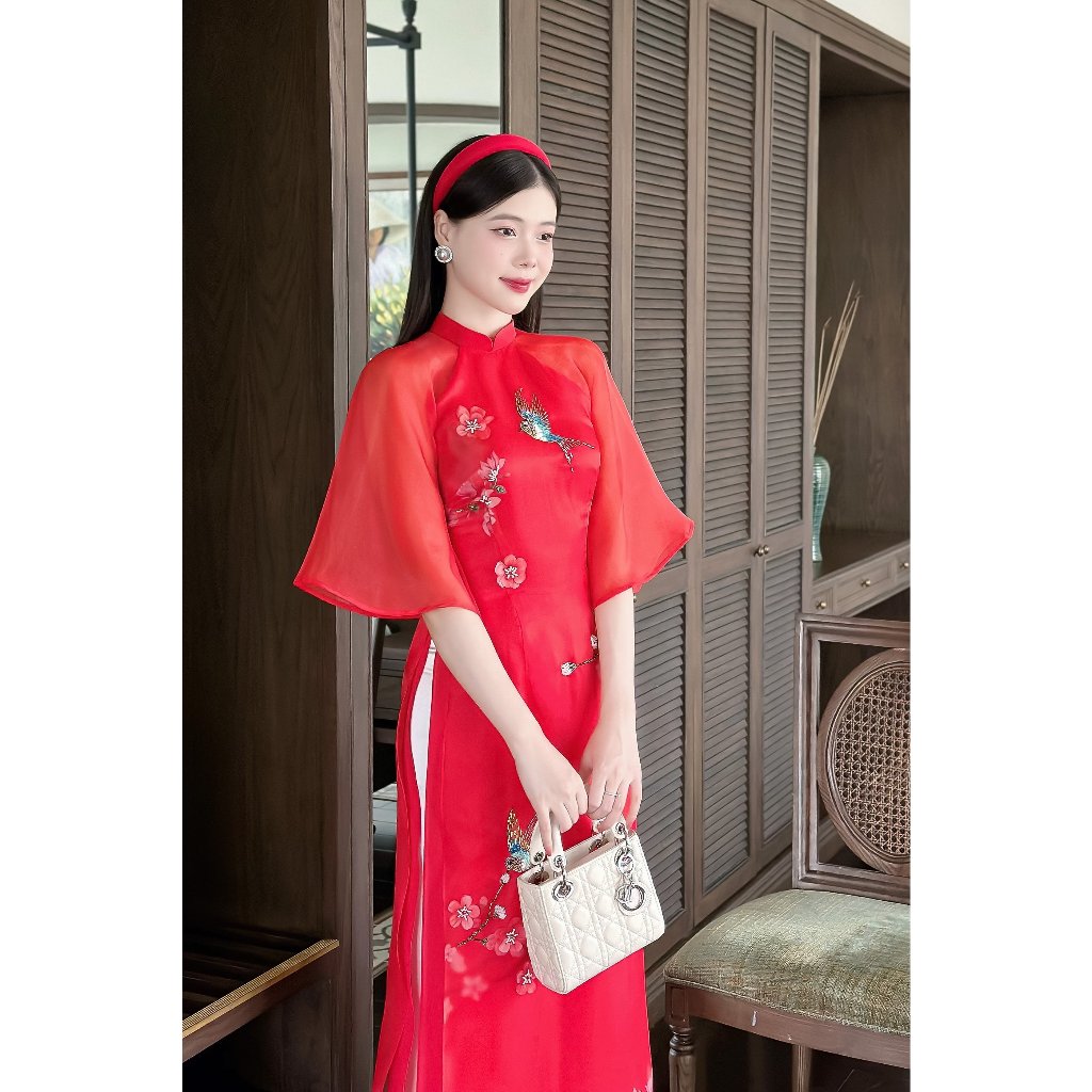 Áo dài cách tân nữ chất liệu tơ organza 4 tà lót lụa cát in hoa 3D công nghệ cao đính kết - Áo dài An Nhiên - CT04