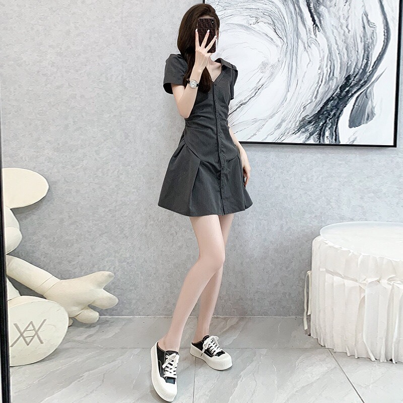 Đầm Sơ mi Thiết kế chiết eo Tôn dáng Phong cách Hàn Quốc
