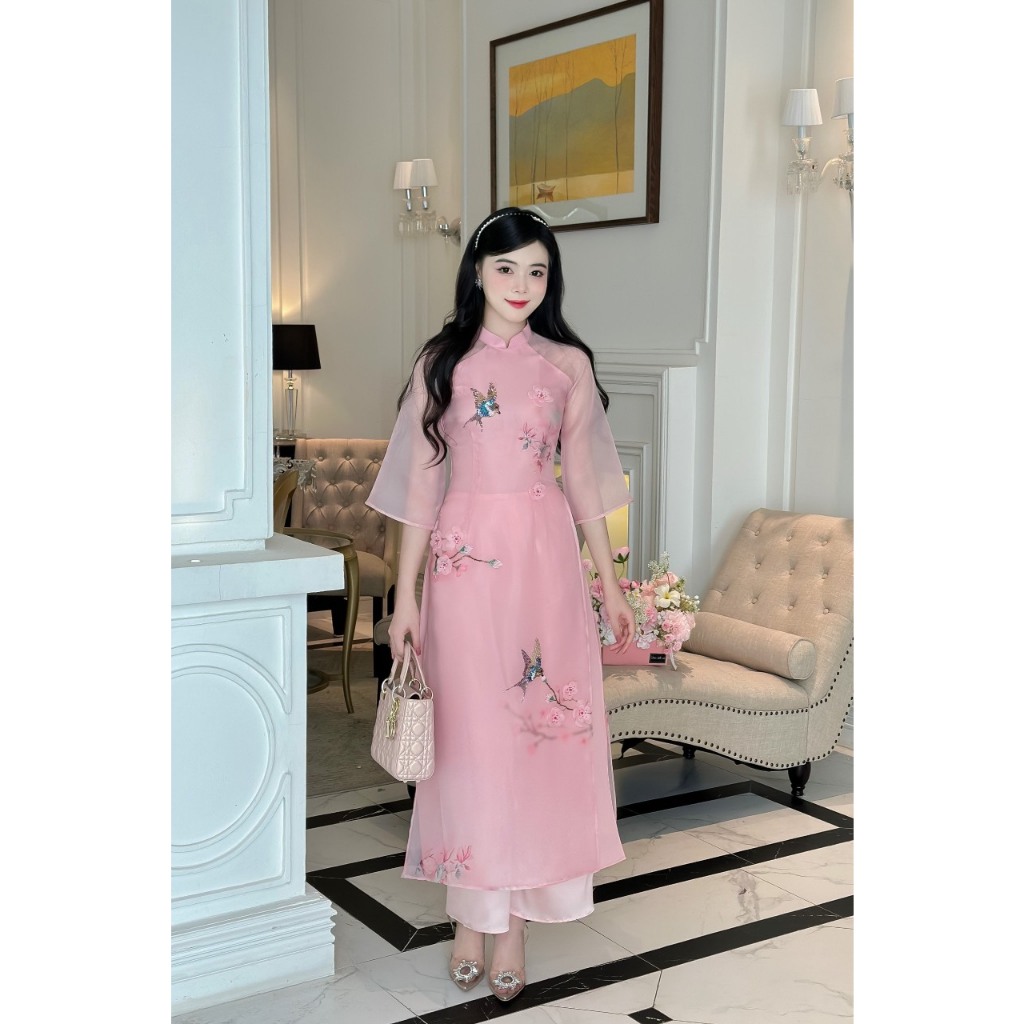 Áo dài cách tân nữ chất liệu tơ organza 4 tà lót lụa cát in hoa 3D công nghệ cao đính kết - Áo dài An Nhiên - CT04