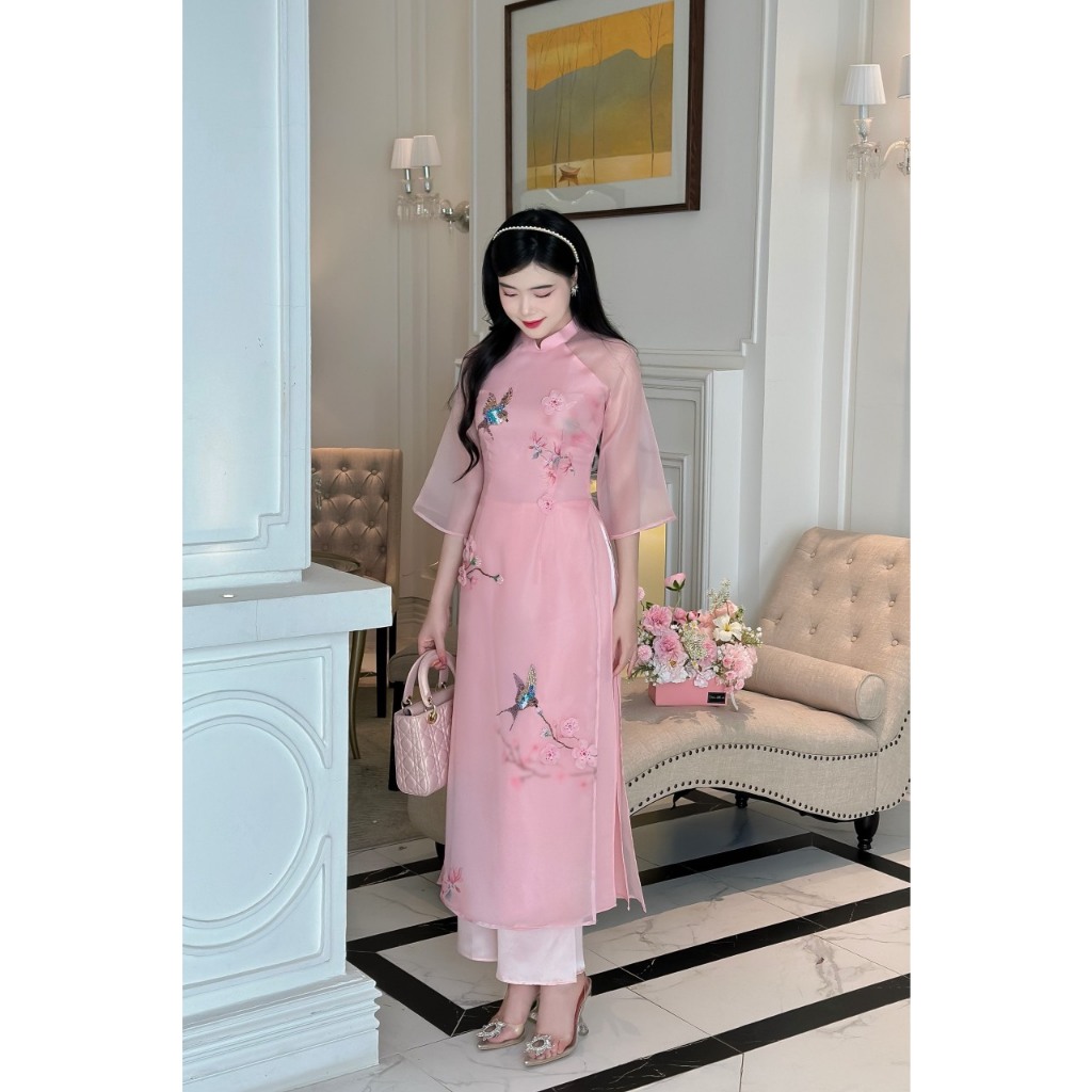 Áo dài cách tân nữ chất liệu tơ organza 4 tà lót lụa cát in hoa 3D công nghệ cao đính kết - Áo dài An Nhiên - CT04