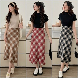 Chân Váy Dạ Kẻ Ô Caro Bản To Xẻ Sau Dáng Dài, Labibi