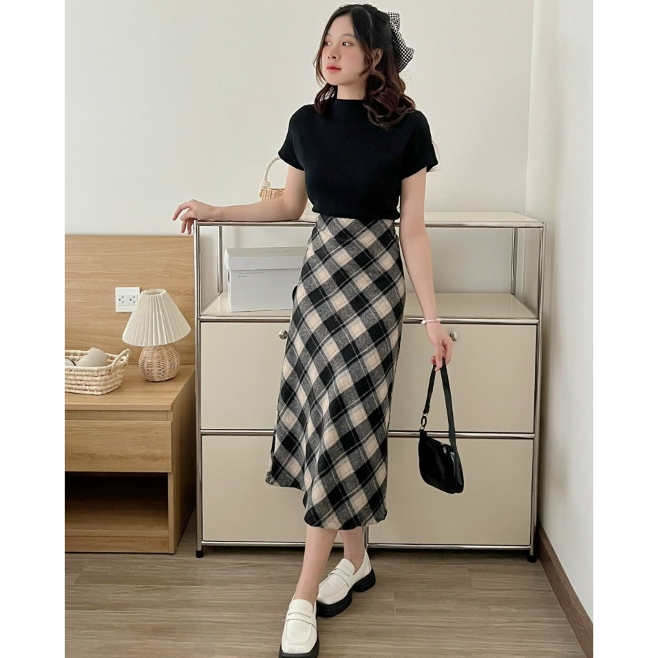 Chân Váy Dạ Kẻ Ô Caro Bản To Xẻ Sau Dáng Dài, Labibi