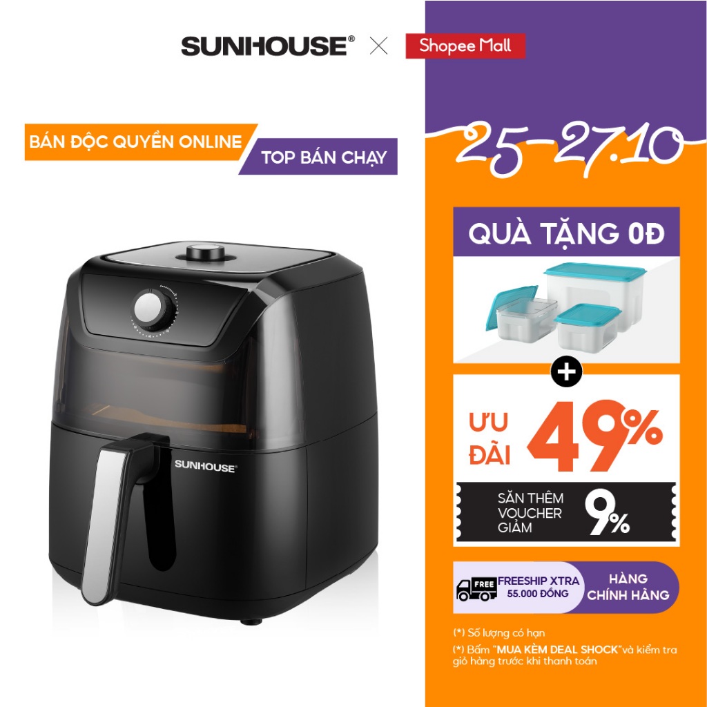 Nồi chiên không dầu 6L Sunhouse SHD4028 dung tích 6L | Cửa kính cùng đèn chiếu sáng khoang nướng dễ quan sát thực phẩm