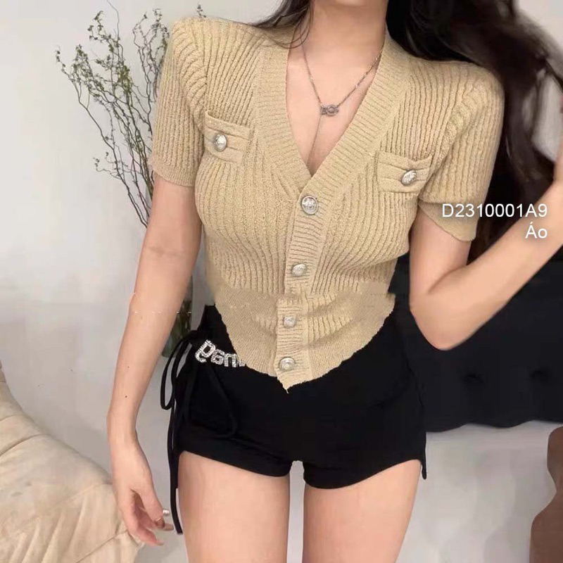 Áo len tay ngắn phối nút hàng QC! transstore