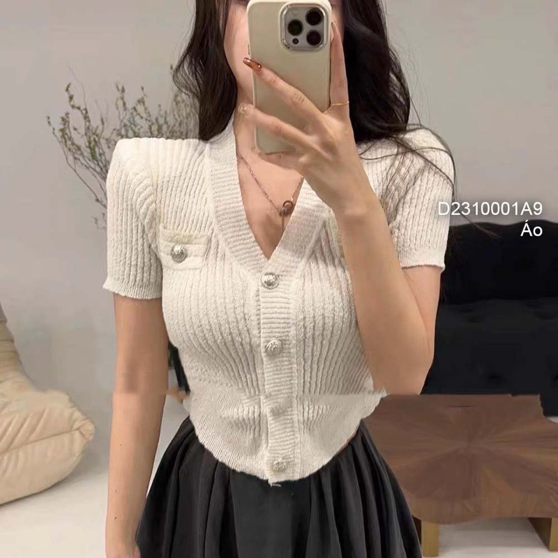 Áo len tay ngắn phối nút hàng QC! transstore