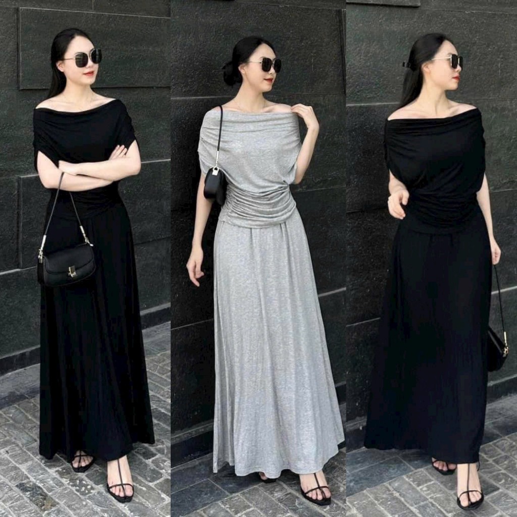 Set bộ đồ nữ áo trễ vai cánh tiên xinh mix chân váy suông trơn tôn dáng cho các nàng yêu