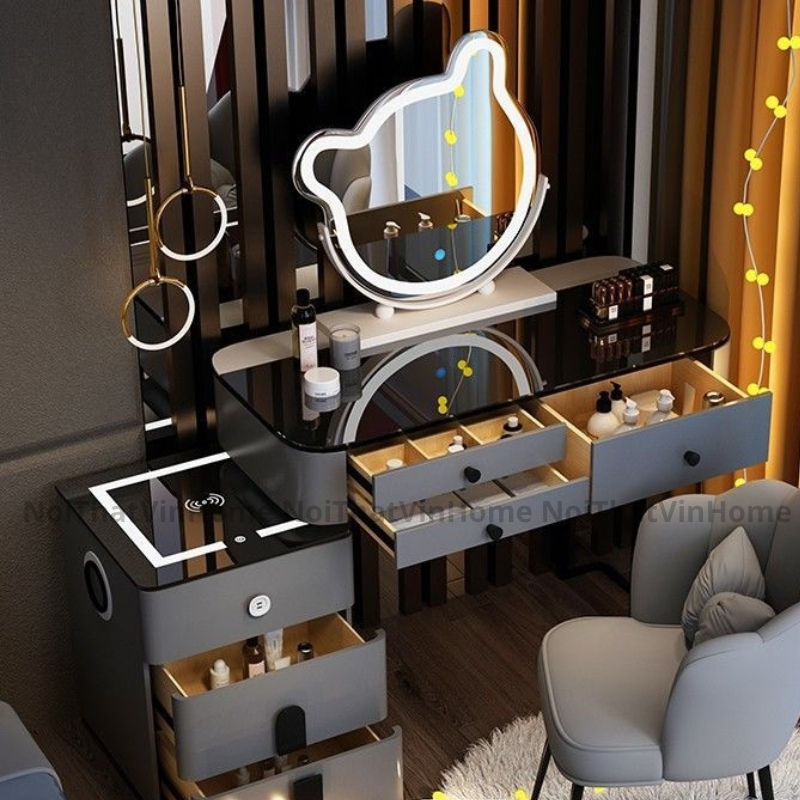 Bàn Trang Điểm Thông Minh Đa Chức Năng Có Loa Bluetooth, Sạc Không Dây, Gương Led Cảm Biến 3 Màu - Nội Thất Vin Home
