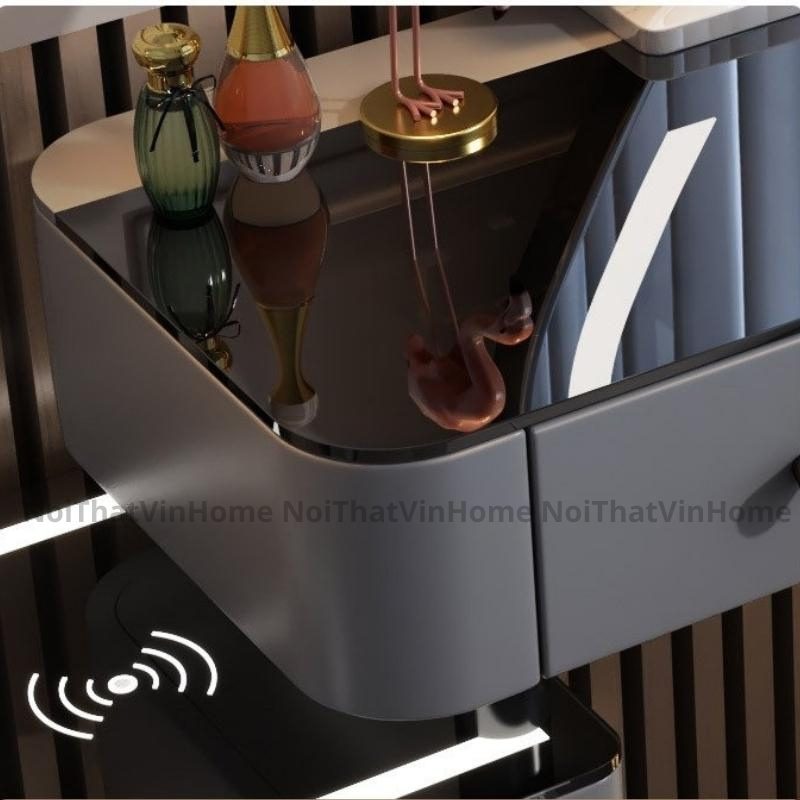 Bàn Trang Điểm Thông Minh Đa Chức Năng Có Loa Bluetooth, Sạc Không Dây, Gương Led Cảm Biến 3 Màu - Nội Thất Vin Home
