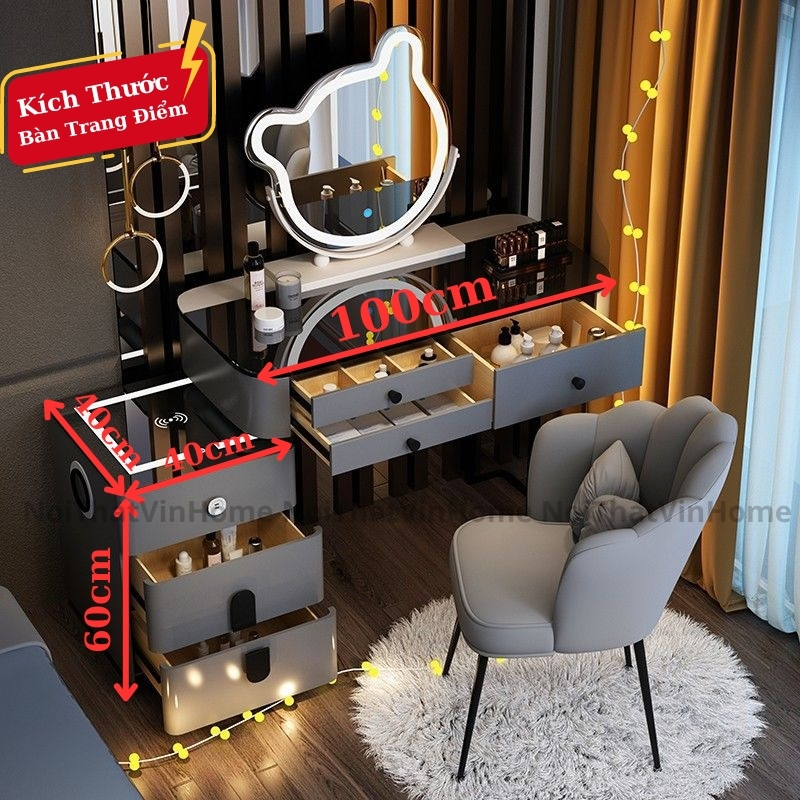 Bàn Trang Điểm Thông Minh Đa Chức Năng Có Loa Bluetooth, Sạc Không Dây, Gương Led Cảm Biến 3 Màu - Nội Thất Vin Home
