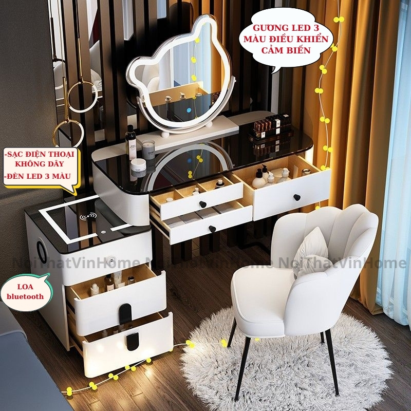 Bàn Trang Điểm Thông Minh Đa Chức Năng Có Loa Bluetooth, Sạc Không Dây, Gương Led Cảm Biến 3 Màu - Nội Thất Vin Home