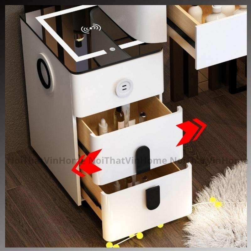Bàn Trang Điểm Thông Minh Size Nhỏ 70cm Kèm Gương Led Cảm Biến 3 Màu, Sạc Không Dây, Loa Bluetooth - Nội Thất Vin Home