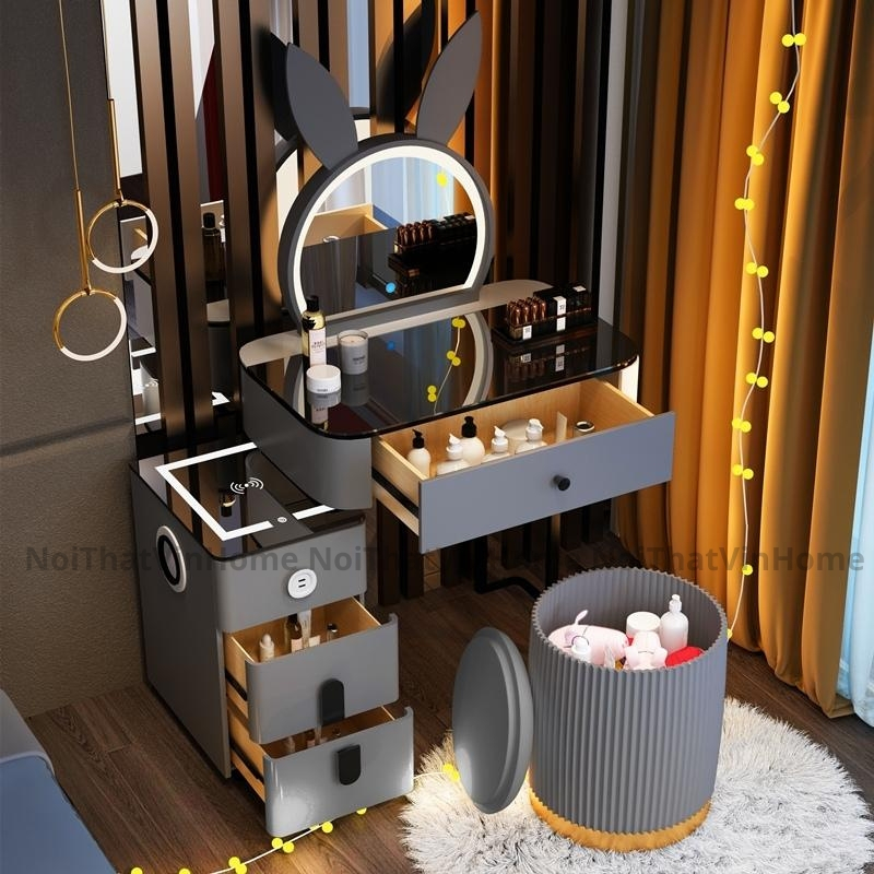 Bàn Trang Điểm Thông Minh Size Nhỏ 70cm Kèm Gương Led Cảm Biến 3 Màu, Sạc Không Dây, Loa Bluetooth - Nội Thất Vin Home