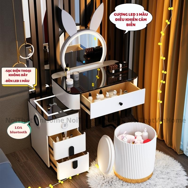 Bàn Trang Điểm Thông Minh Size Nhỏ 70cm Kèm Gương Led Cảm Biến 3 Màu, Sạc Không Dây, Loa Bluetooth - Nội Thất Vin Home