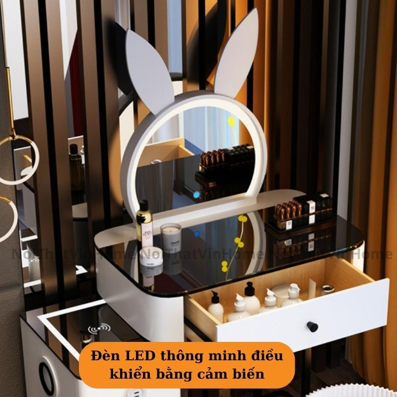 Bàn Trang Điểm Thông Minh Size Nhỏ 70cm Kèm Gương Led Cảm Biến 3 Màu, Sạc Không Dây, Loa Bluetooth - Nội Thất Vin Home