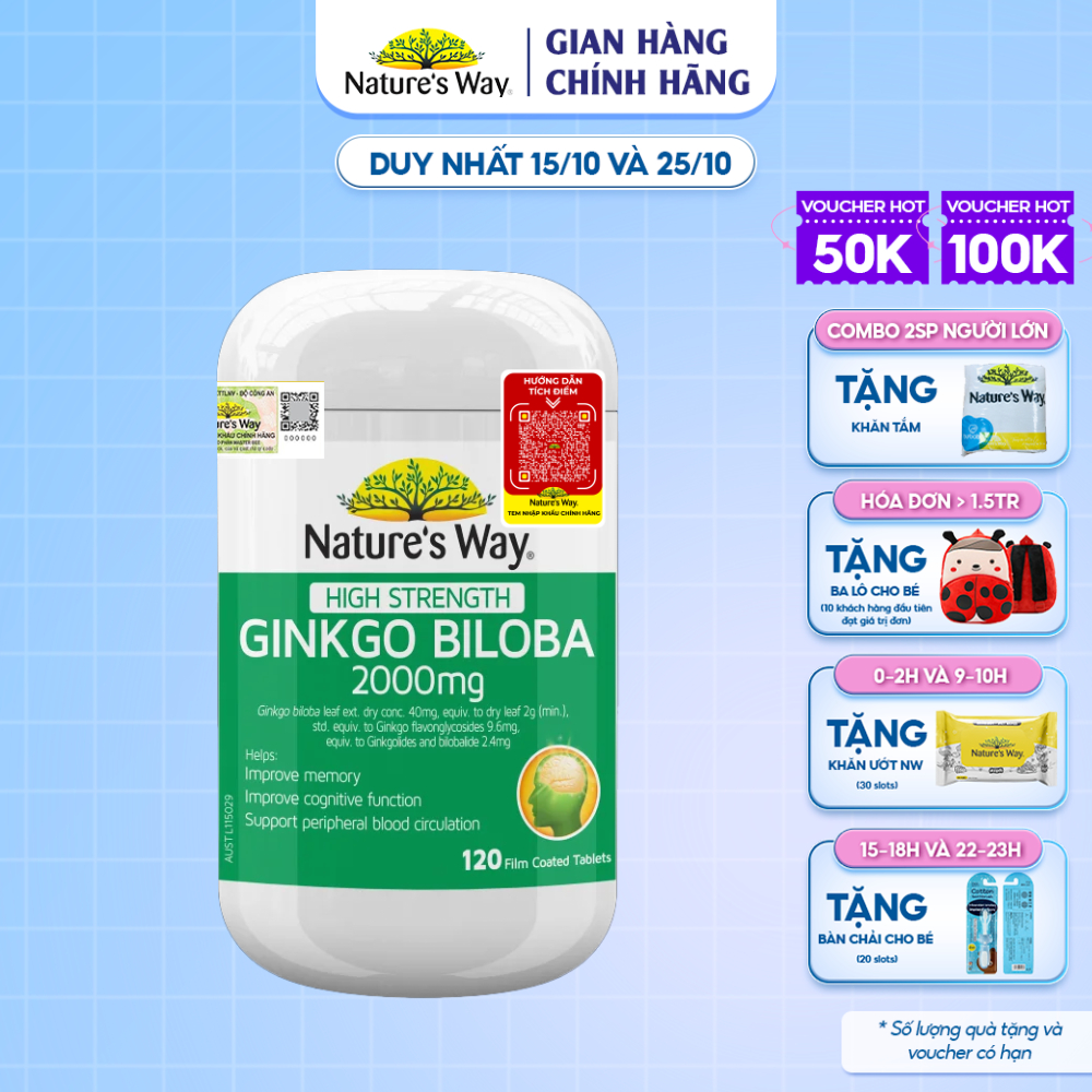 Viên Uống Tuần Hoàn Não Nature's Way High Strength Ginkgo Biloba Tăng Cường Trí Nhớ 2000mg