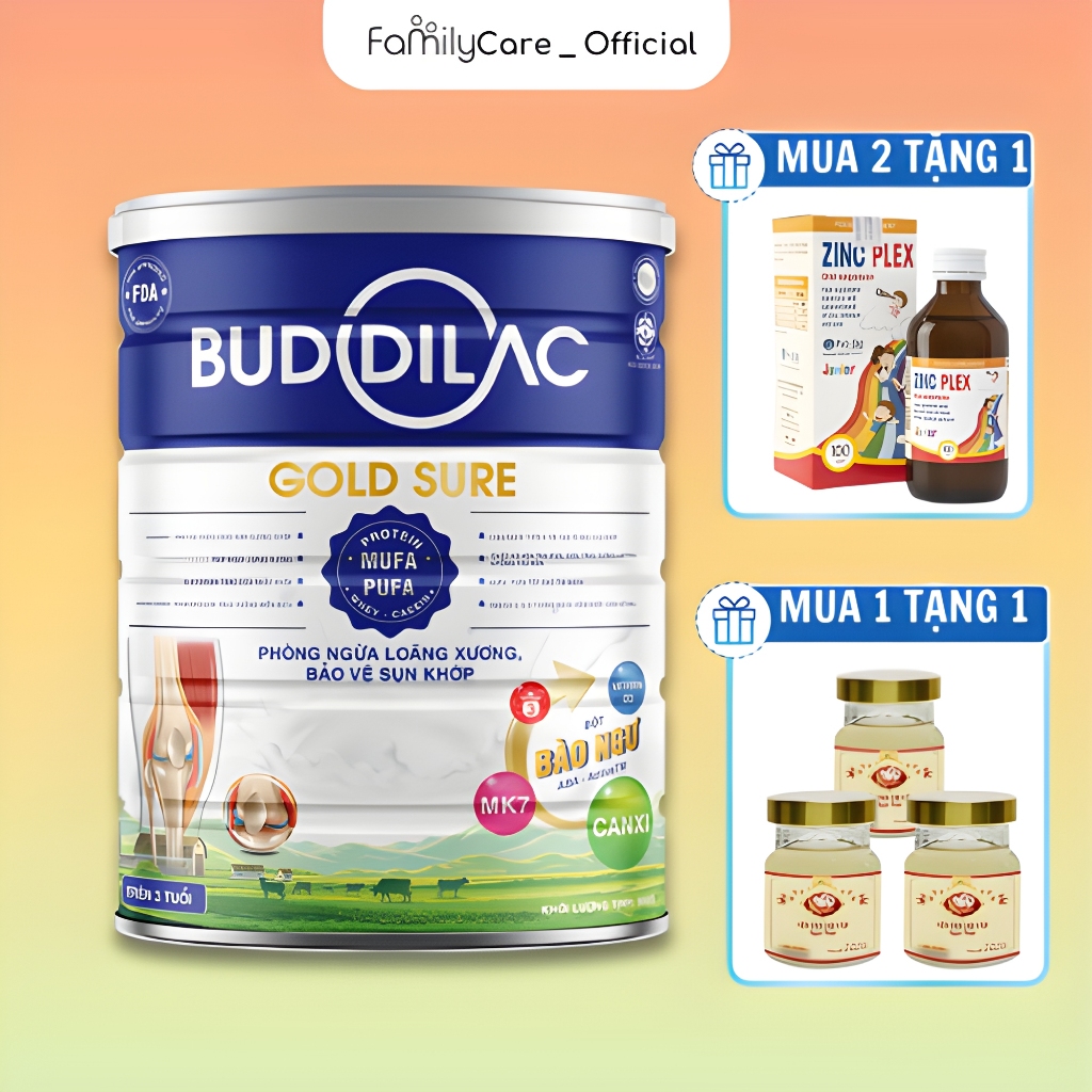 Sữa Bột Buddilac Gold Sure Hộp 900g - Tăng Cường Miễn Dịch Cho Người Lớn, Phòng Ngừa Loãng Xương