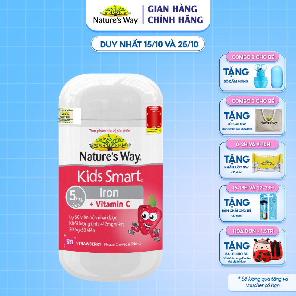 Viên Nhai Vitamin C Và Sắt Nature's Way Kids Smart Iron C Tăng Cường Hệ Miễn Dịch, Hỗ Trợ Phát Triển Não Bộ Cho Bé 50v/h