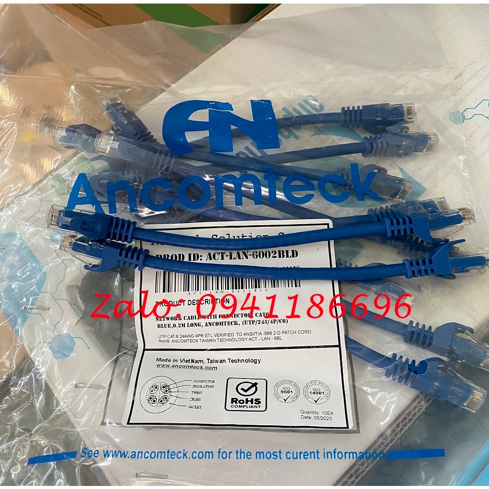 Dây nhảy patch cord 0.2m CAT6 - lõi đồng 100%, pass Fluke: ACT-LAN-6002BLD -20CM ANCOMTECK