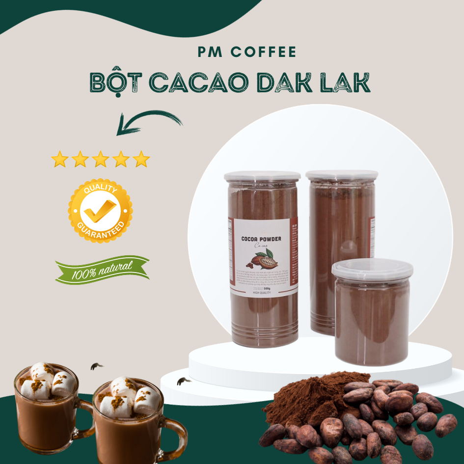 Bột Ca Cao Nguyên Chất Đắk LắK PM Giàu Chất Dinh Dưỡng Giảm Mệt Mỏi Hộp Tròn 500Gram
