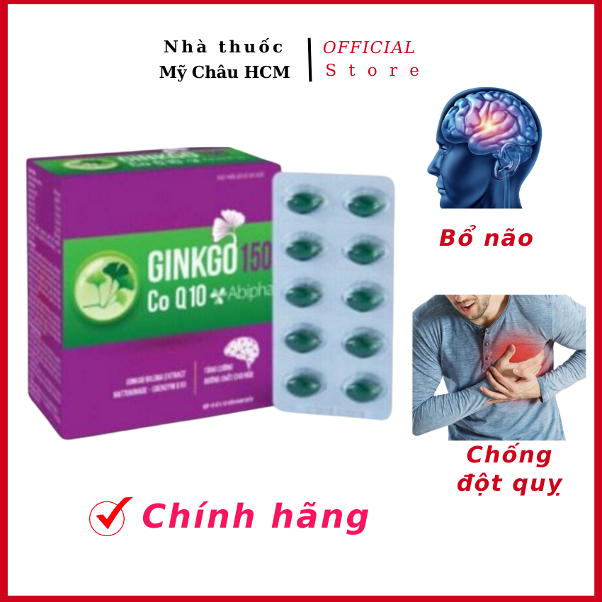 Ginkgo biloba Ginkgo 150 Co Q10 ABIPHA Hoạt huyết dưỡng não lưu Thông máu, chóng mặt, ù tai, mất ngủ, suy giảm trí n