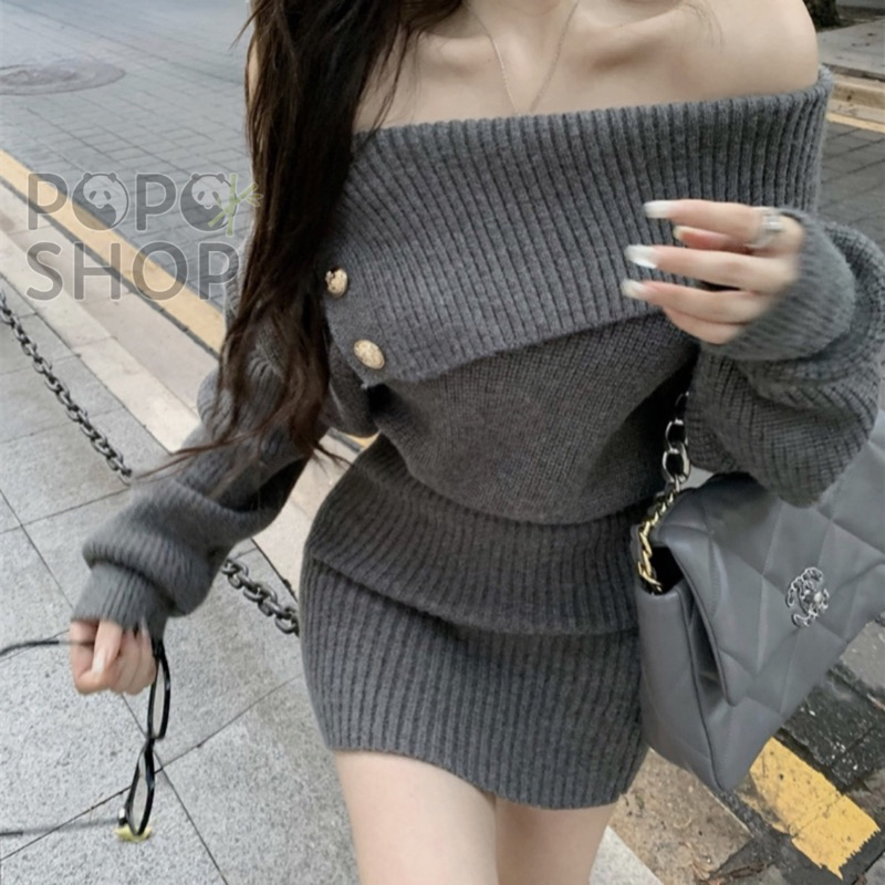 Váy len hở vai, chiết eo siêu xinhh siêu tôn dáng phong cách tiểu thư sang chảnh