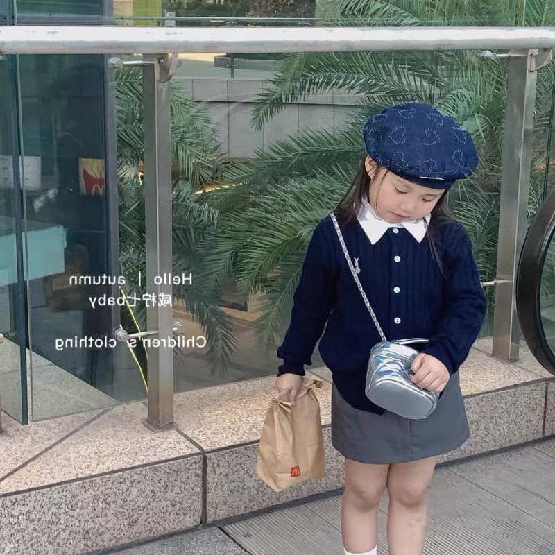 Set áo len than thêu thỏ mix cv ghi bé gái