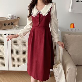 Váy Xinh Tay Dài Dáng Dài Dành Cho Mùa Đông, Váy Tiểu Thư Phối Cổ Bèo Ren Siêu Xinh Phong Cách Hàn Quốc Shopquacam