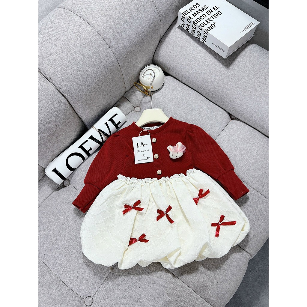 Váy Đầm nhung đính nơ cực sang cho bé gái 10-30kg