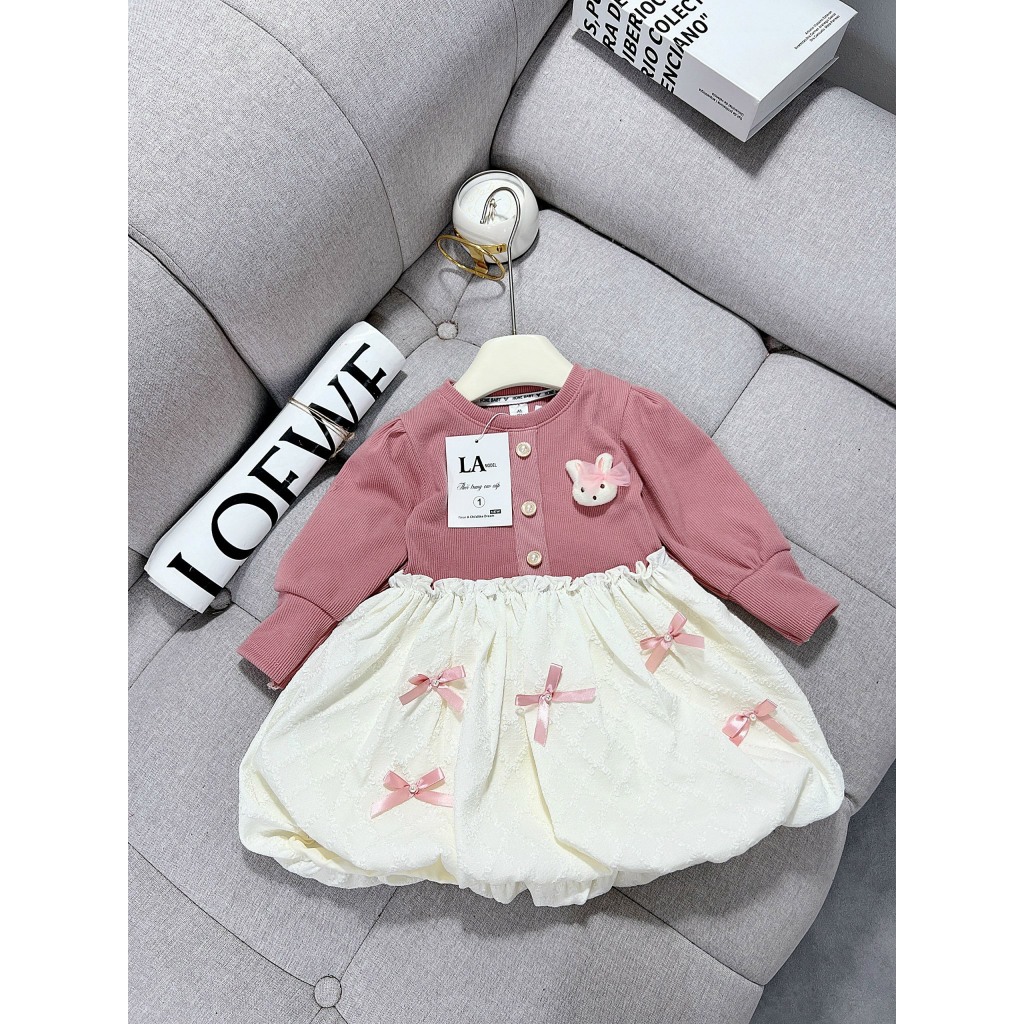 Váy Đầm nhung đính nơ cực sang cho bé gái 10-30kg