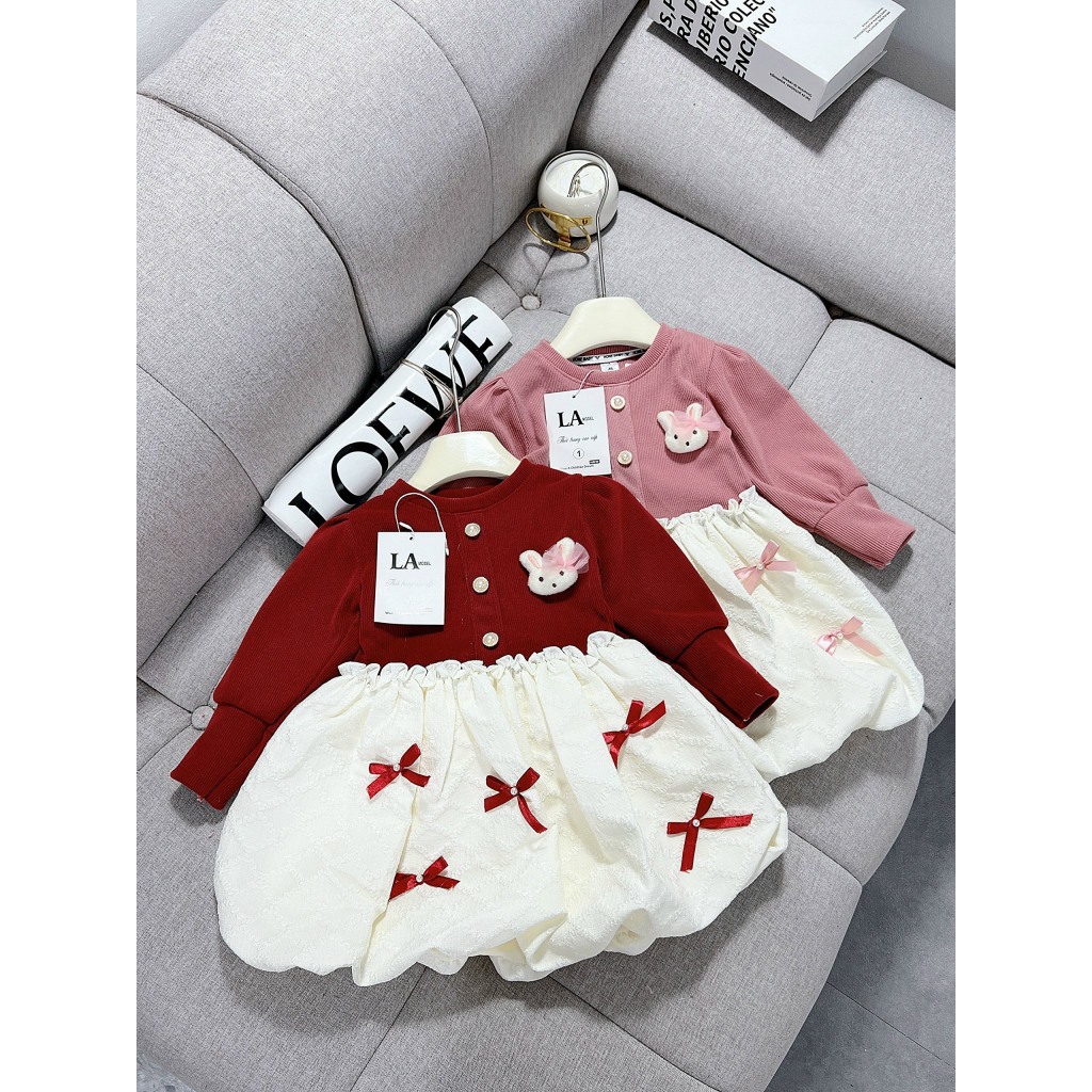 Váy Đầm nhung đính nơ cực sang cho bé gái 10-30kg