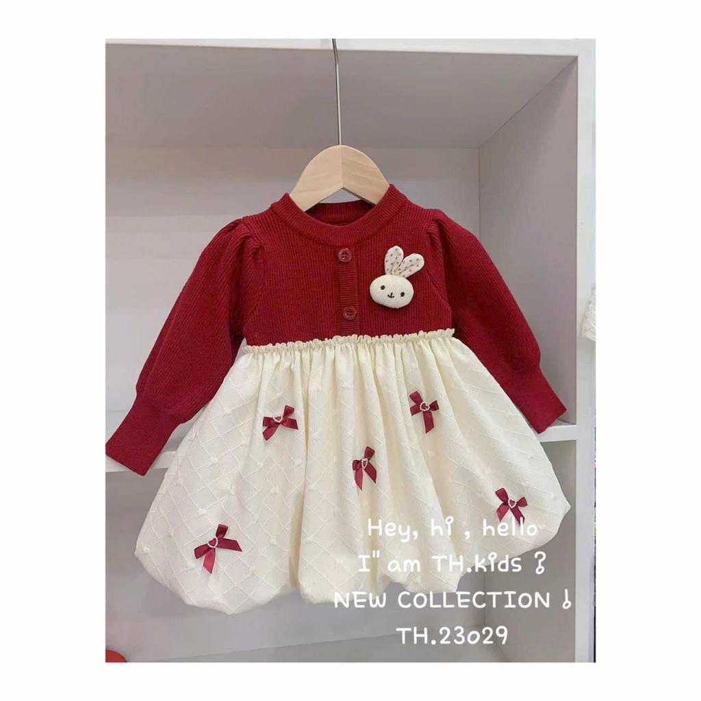 Váy Đầm nhung đính nơ cực sang cho bé gái 10-30kg