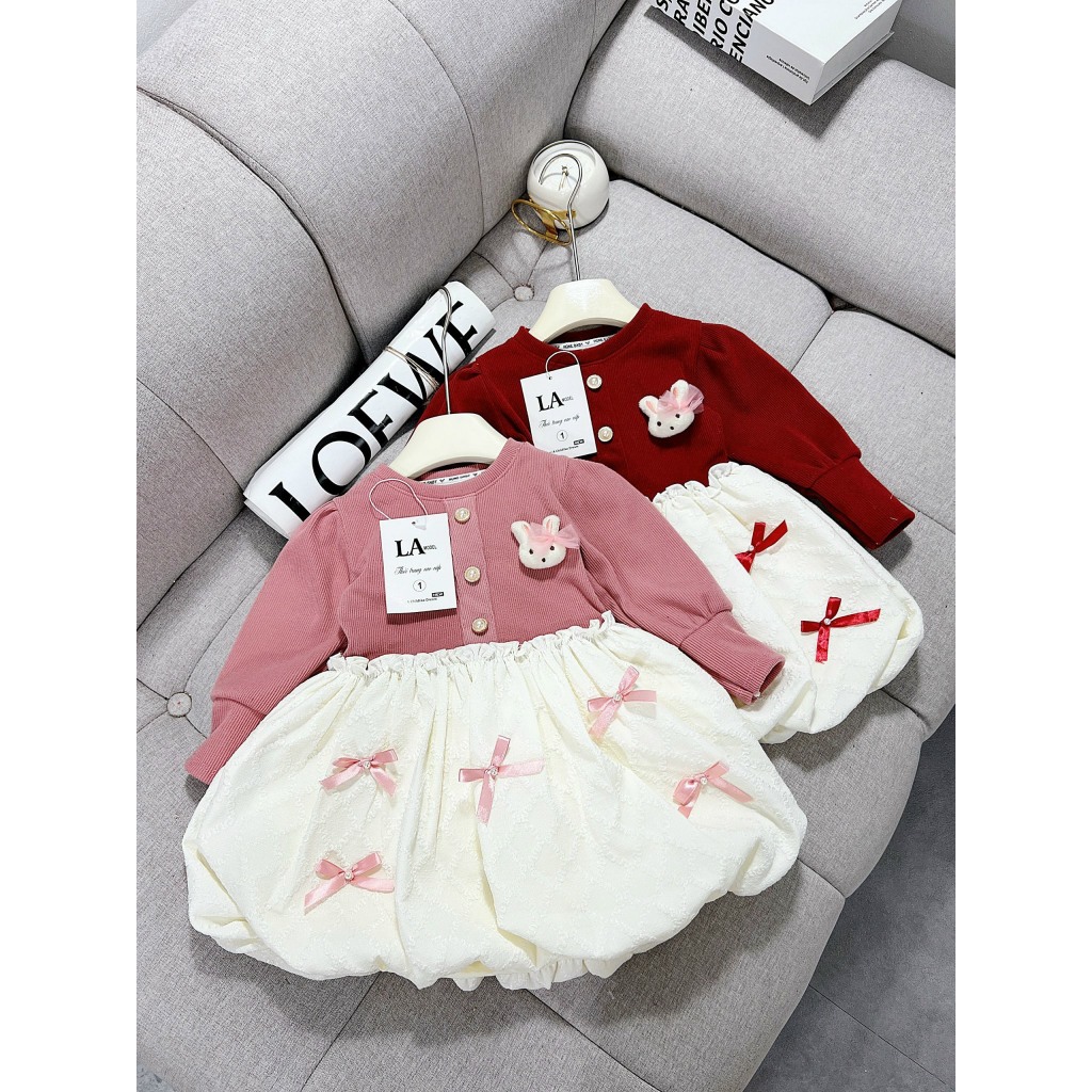 Váy Đầm nhung đính nơ cực sang cho bé gái 10-30kg