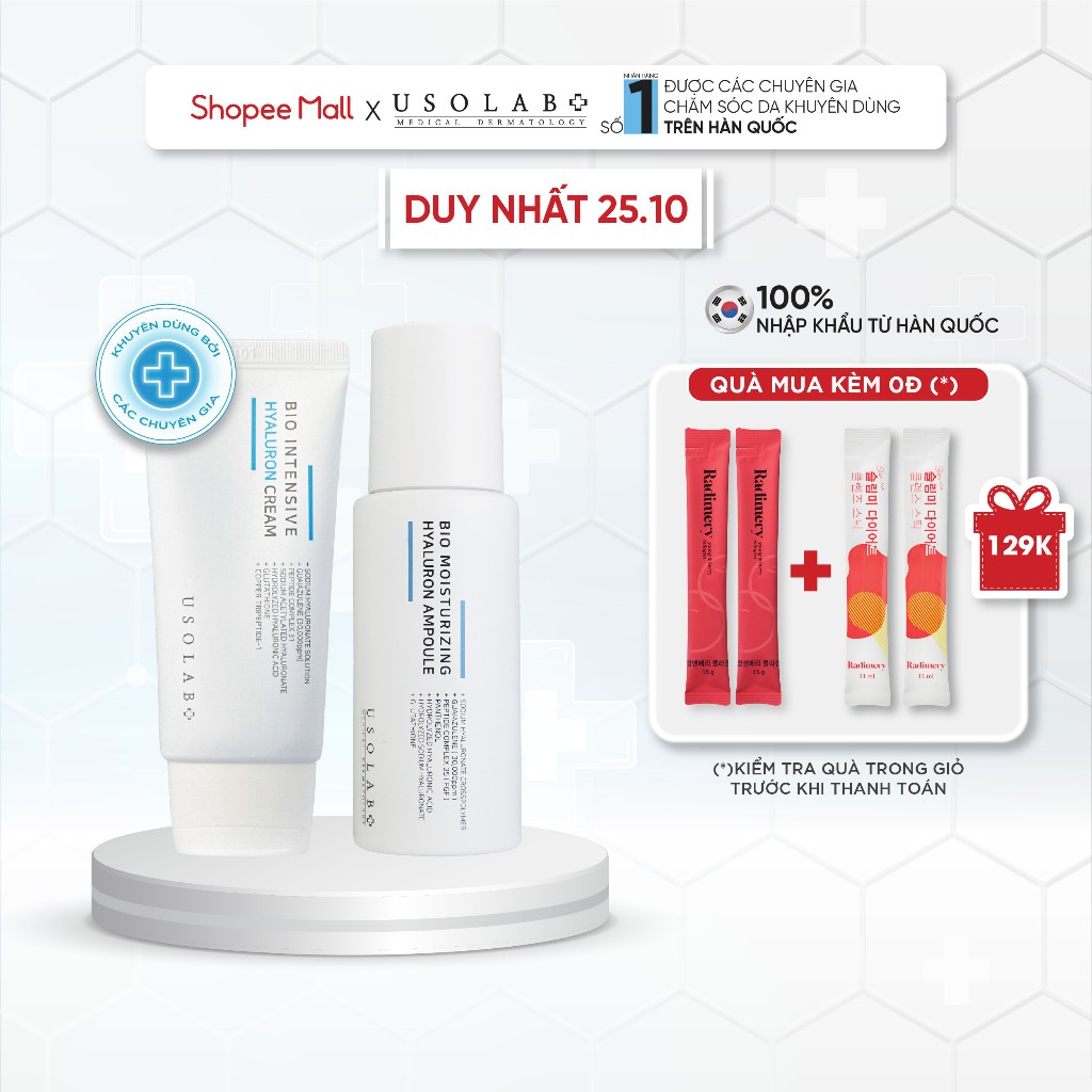 Bộ đôi cấp ẩm chuyên sâu, căng bóng da và giữ nước USOLAB Serum Hyaluron Ampoule 50ml + Kem dưỡng Hyaluron Cream 50ml