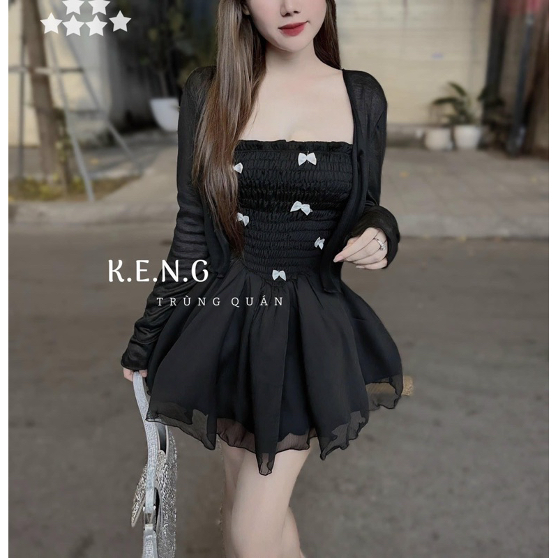 Set Đầm Quây Nhún Ngực Dáng Xoè Đính Nơ Nổi + Khoác Ngắn Croptop